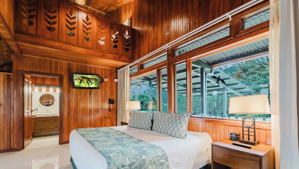 A wooden-themed bedroom with a bed, a TV, and a nightstand.