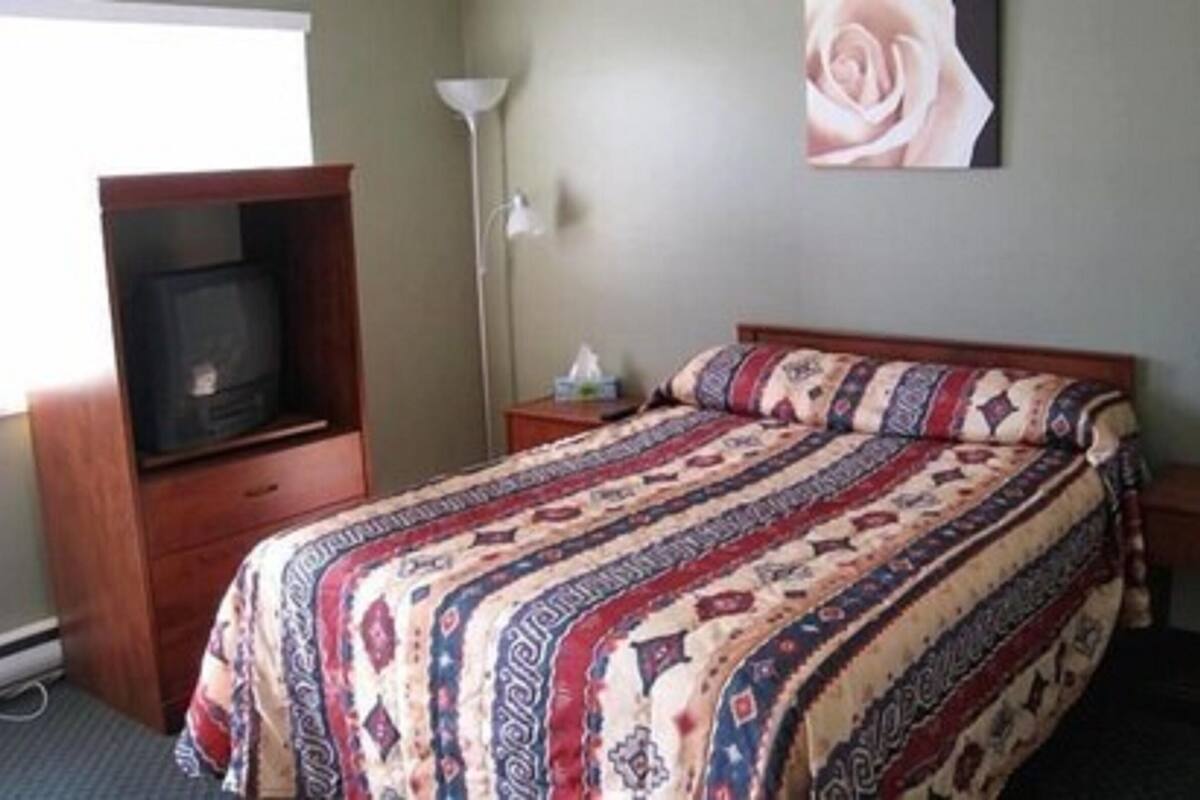 Habitación de hotel con cama, televisión, lámpara y un cuadro de una rosa en la pared.
