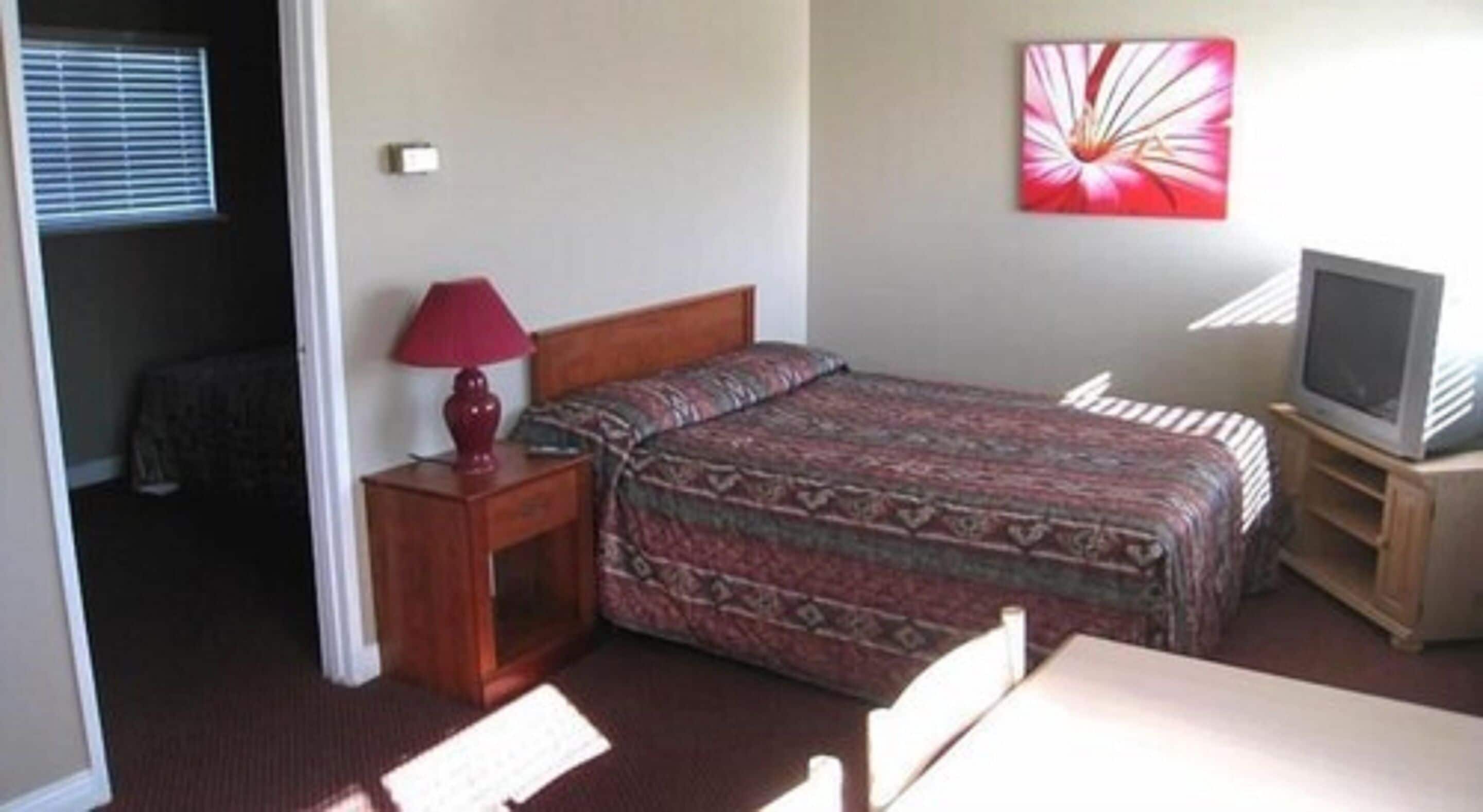 Une chambre d’hôtel avec un lit, une télévision, une lampe et un tableau au mur.