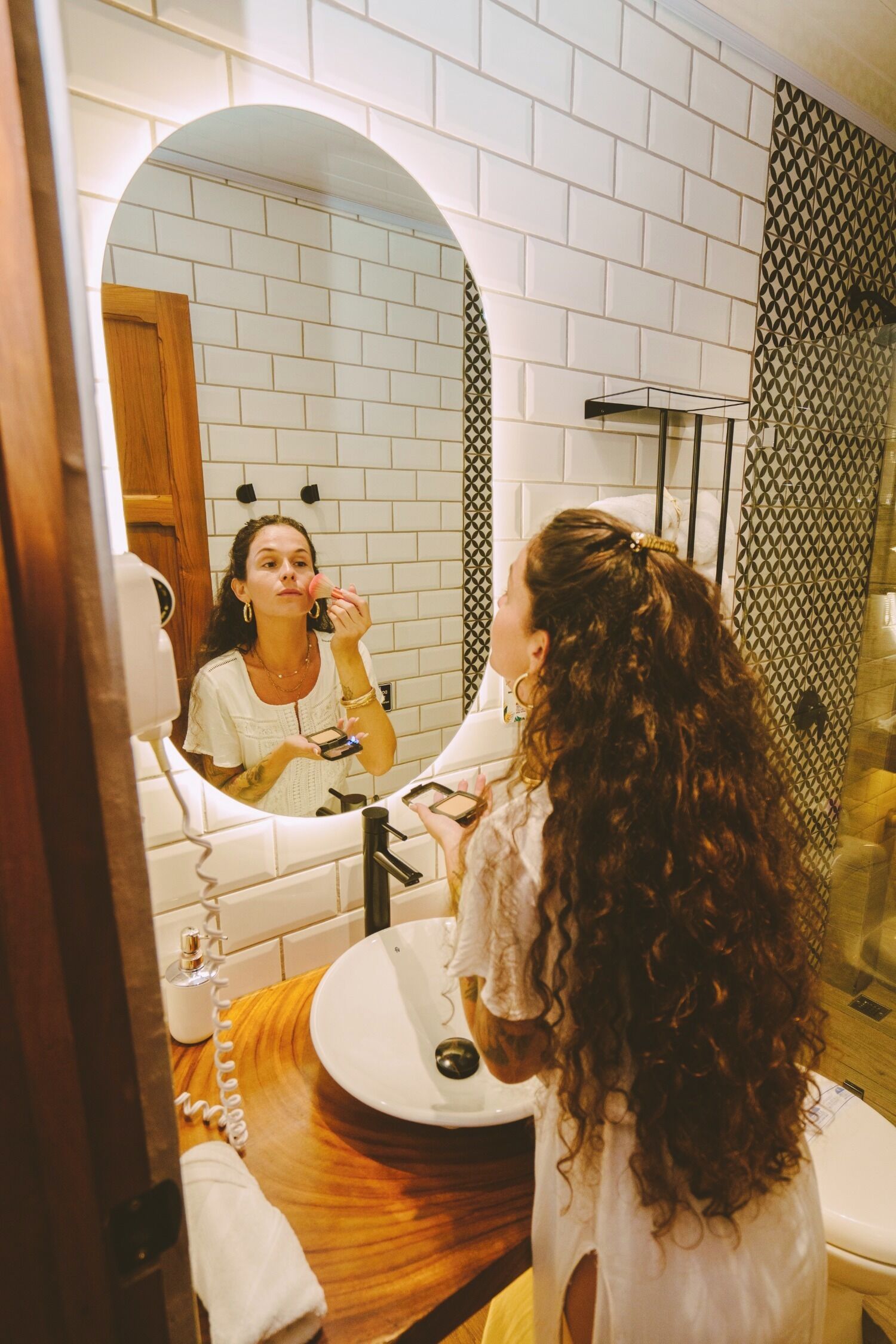 shower, rainfall showerhead, hair dryer, towels