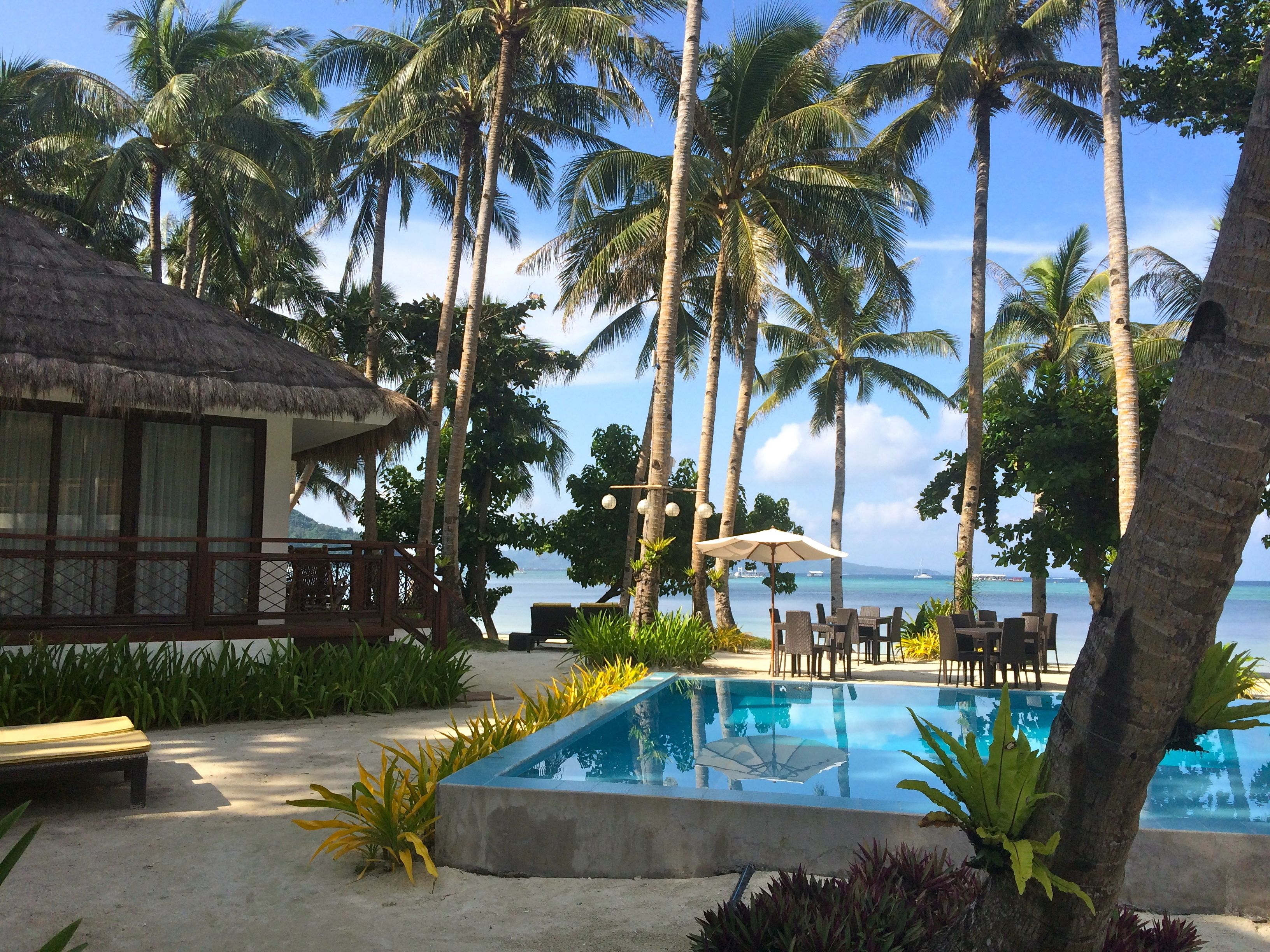 Outdoor pool, pool umbrellas, pool loungers