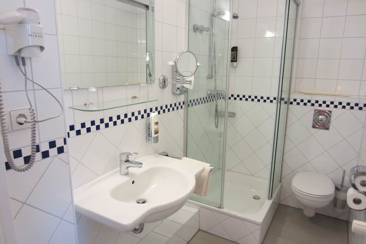 shower, free toiletries, hair dryer, towels