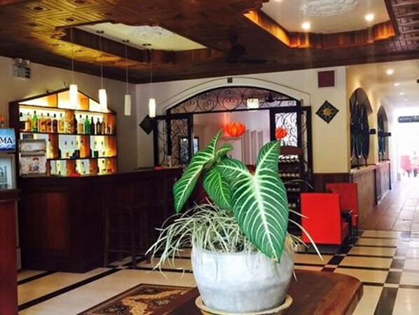 Un vestíbulo con mostrador de recepción, zona de bar con botellas y una planta grande en maceta.