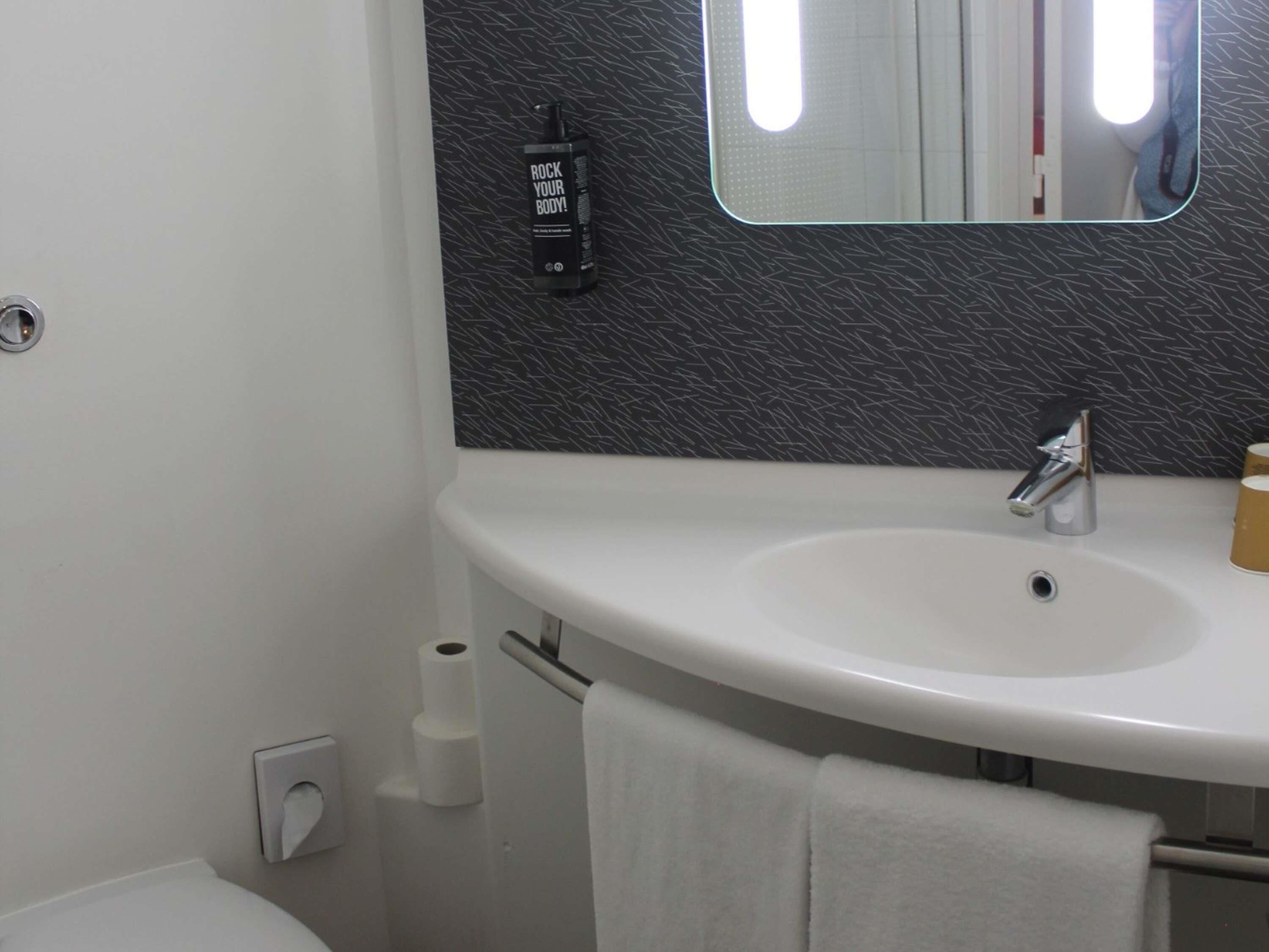 Un baño con un lavamanos blanco, un espejo, un perchero para toallas y un dispensador de papel higiénico.