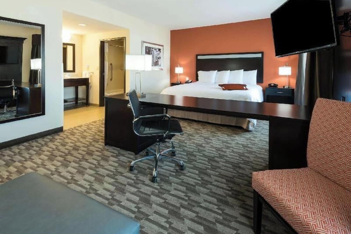 Una habitación de hotel con cama, escritorio, silla y televisor.
