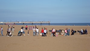 A beach with people and donkeys. - Serena Court Hotel (Skegness)