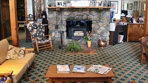 Uma sala de estar acolhedora com lareira de pedra, mesa de centro de madeira com revistas, poltrona estampada e tapete com padrão.