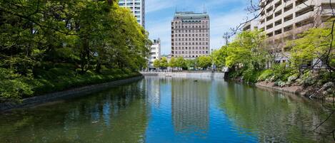 Un río flanqueado por edificios a ambos lados, rodeado de vegetación.