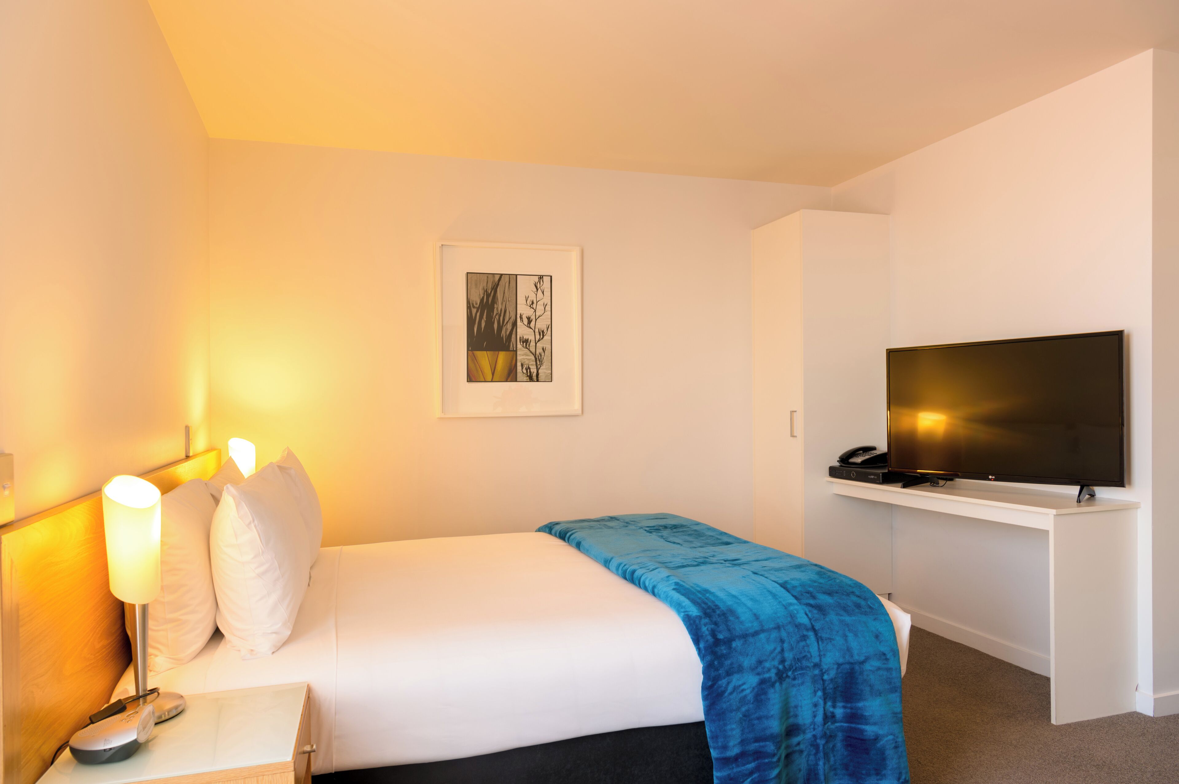Habitación de hotel con cama, lámpara de noche, televisión de pantalla plana y una obra de arte enmarcada en la pared.