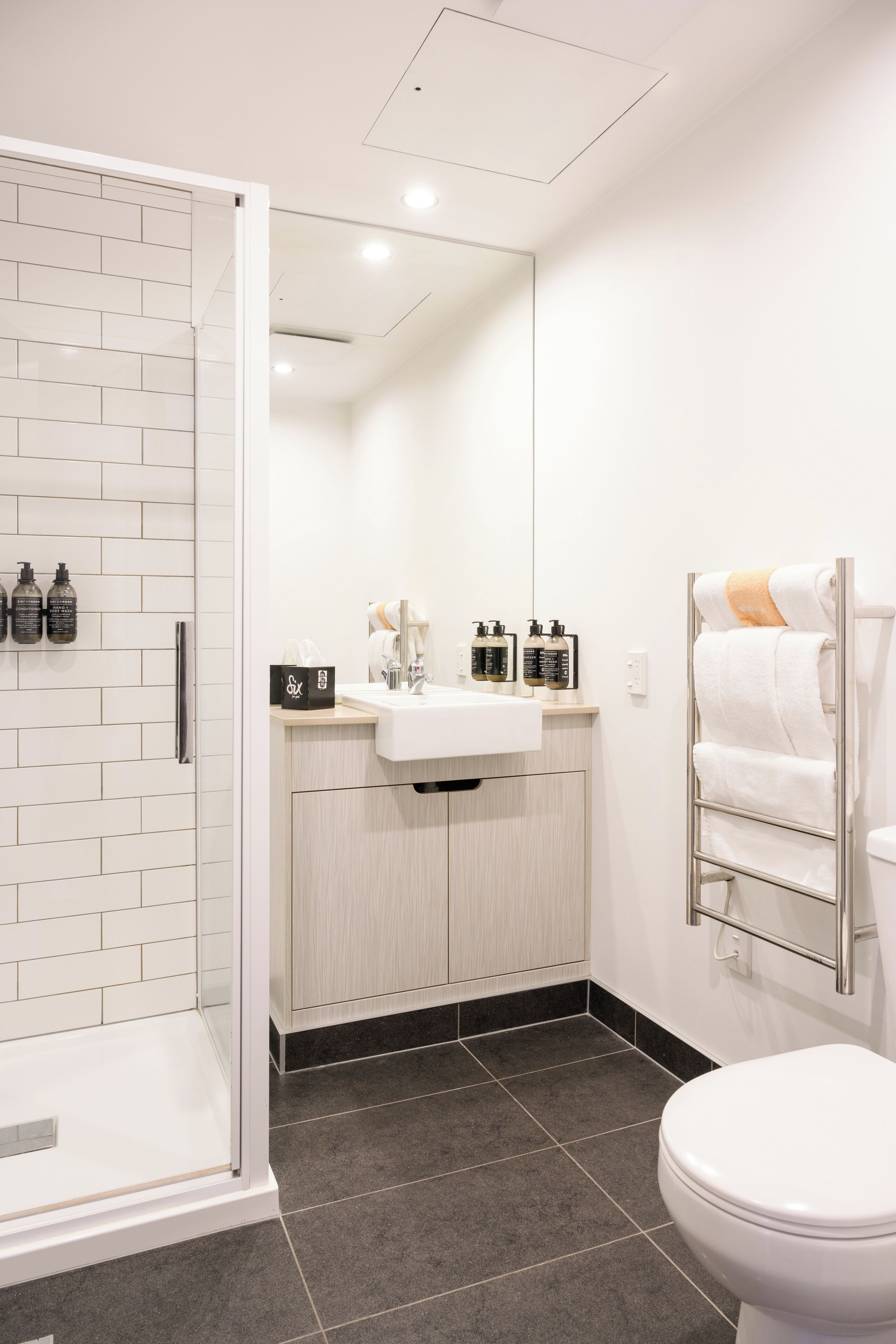 A modern bathroom with a glass shower enclosure, a white sink with a mirror, and a towel rack.