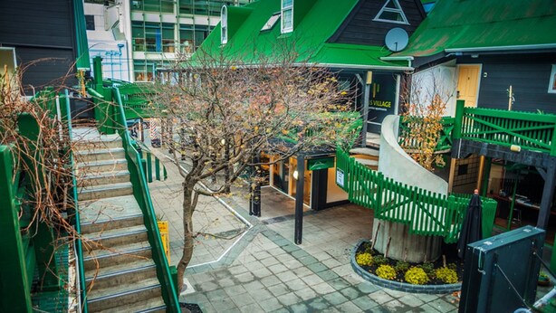 A green building with a staircase, a tree, and a small garden area. - Willis Village (Wellington)