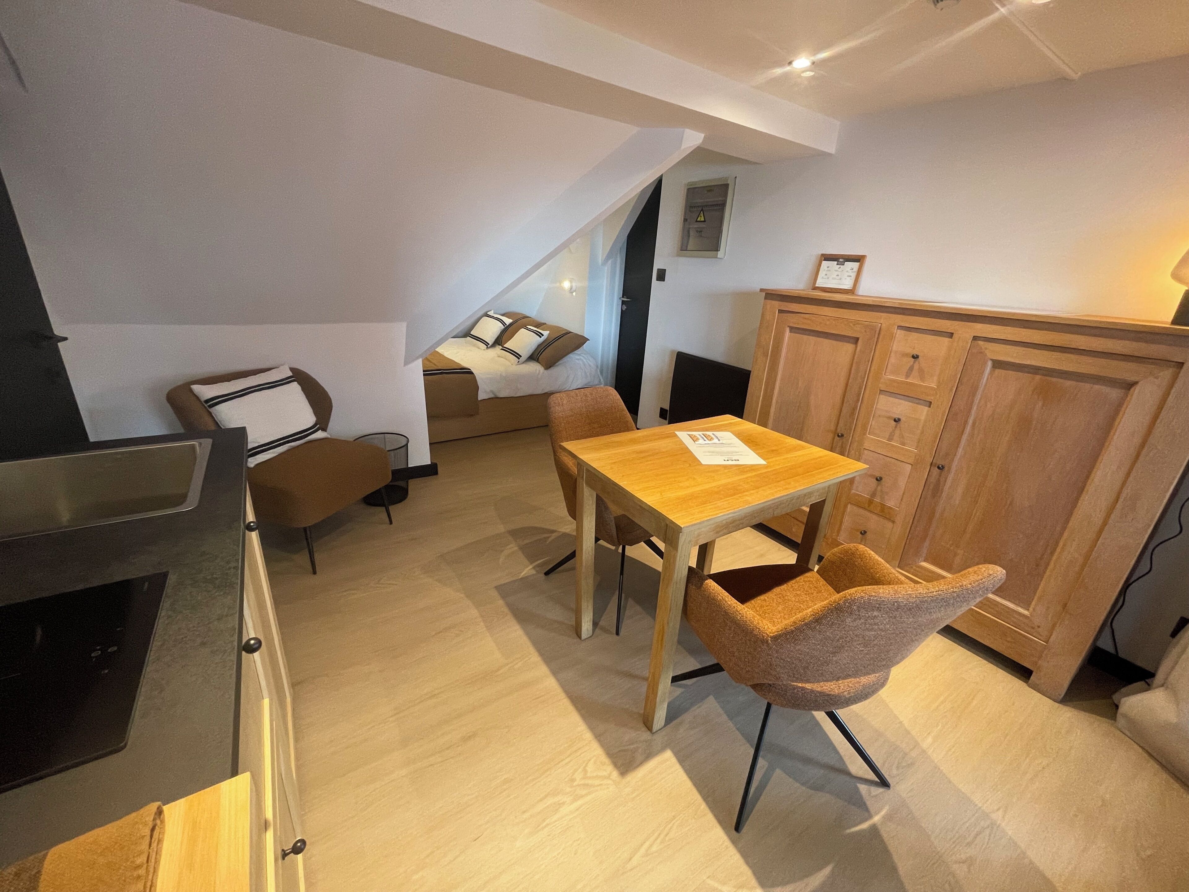 A compact room with a bed, a dining table, a chair, and a cabinet.