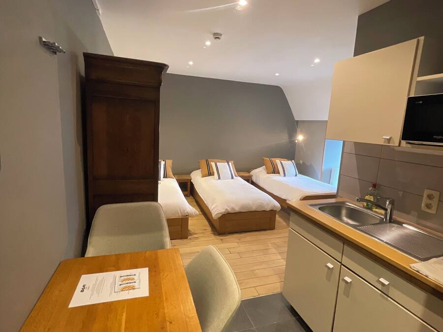 Une chambre d’hôtel compacte comprenant un coin cuisine, deux lits simples, une table à manger et un petit coin salon.
