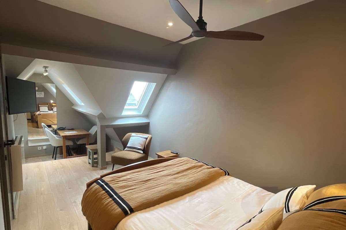 Un dormitorio con cama, ventilador de techo, tragaluz y vista a un comedor.