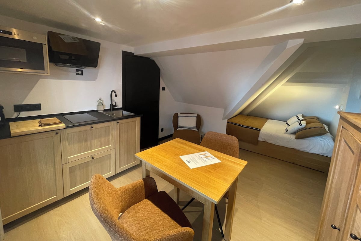 Habitación compacta con kitchenette, una mesa de comedor, una cama individual y una pequeña zona de estar.