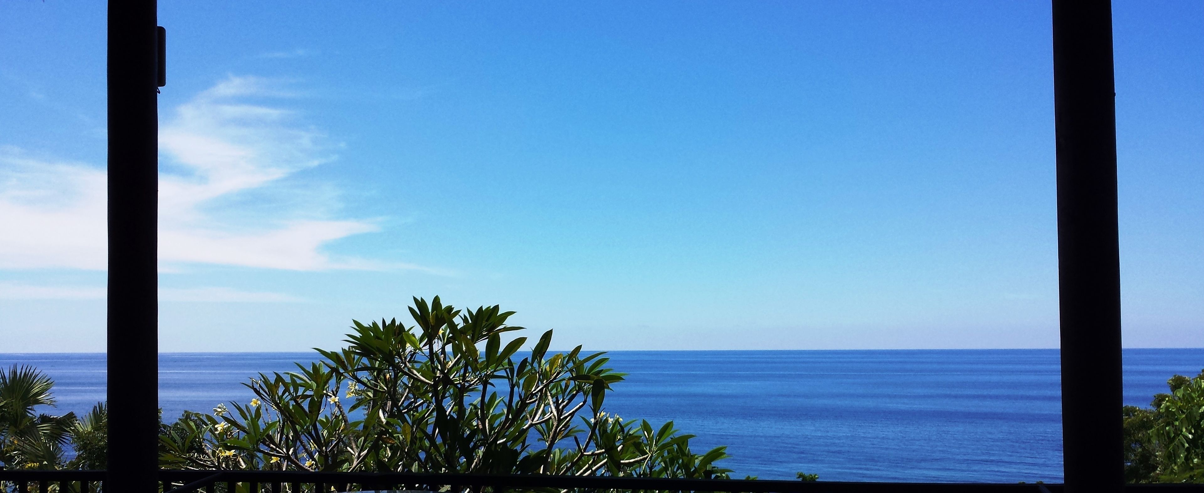 A view of the ocean through a window with a view of the sky and some foliage in the foreground.