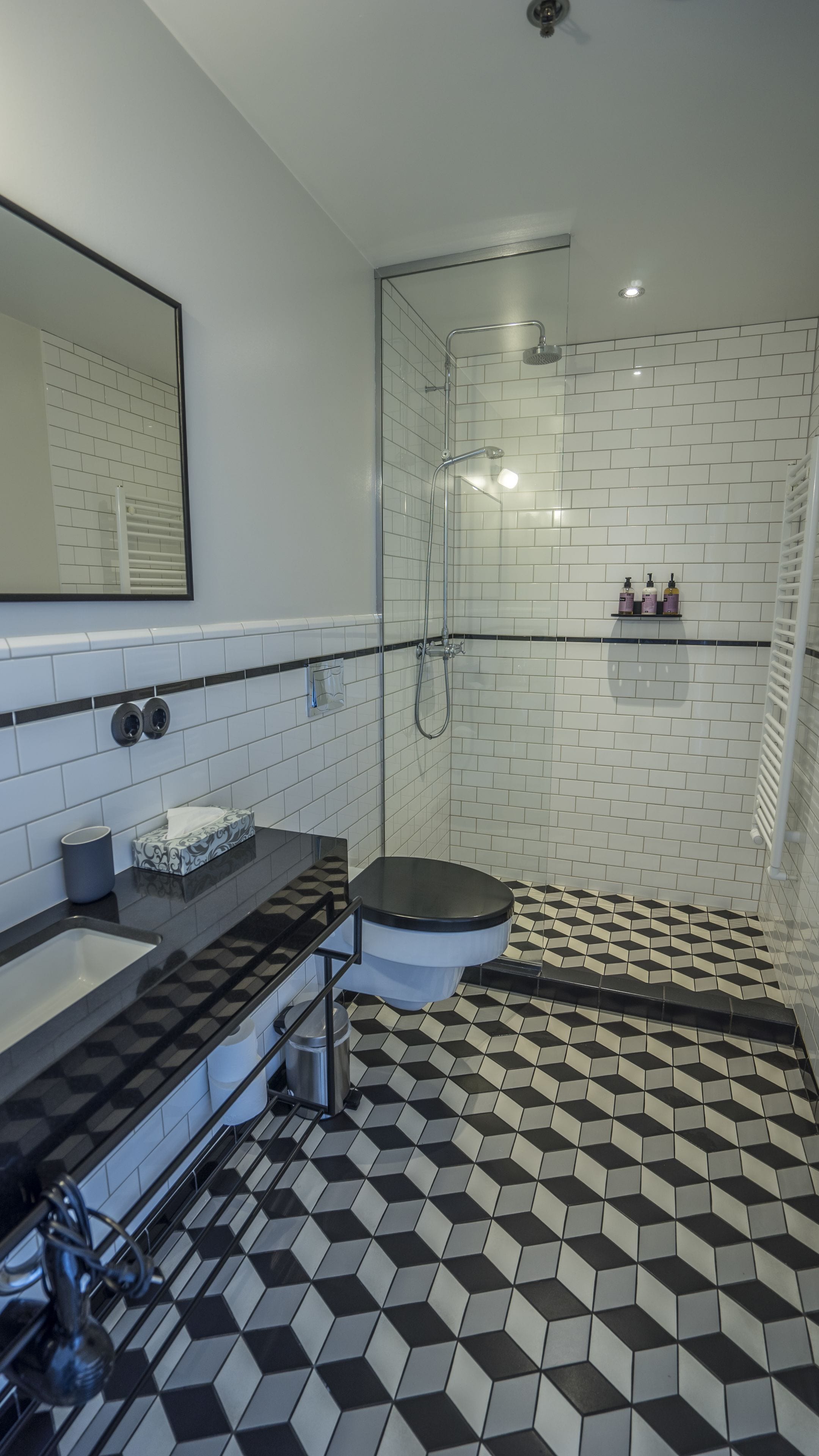 biggest room with kitchenette and balcony | bathroom | shower, rainfall showerhead, designer toiletries, hair dryer