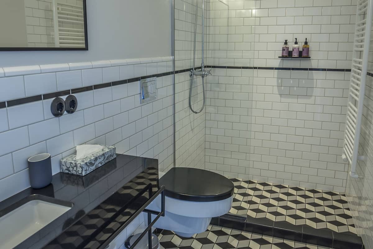 biggest room with kitchenette and balcony | bathroom | shower, rainfall showerhead, designer toiletries, hair dryer