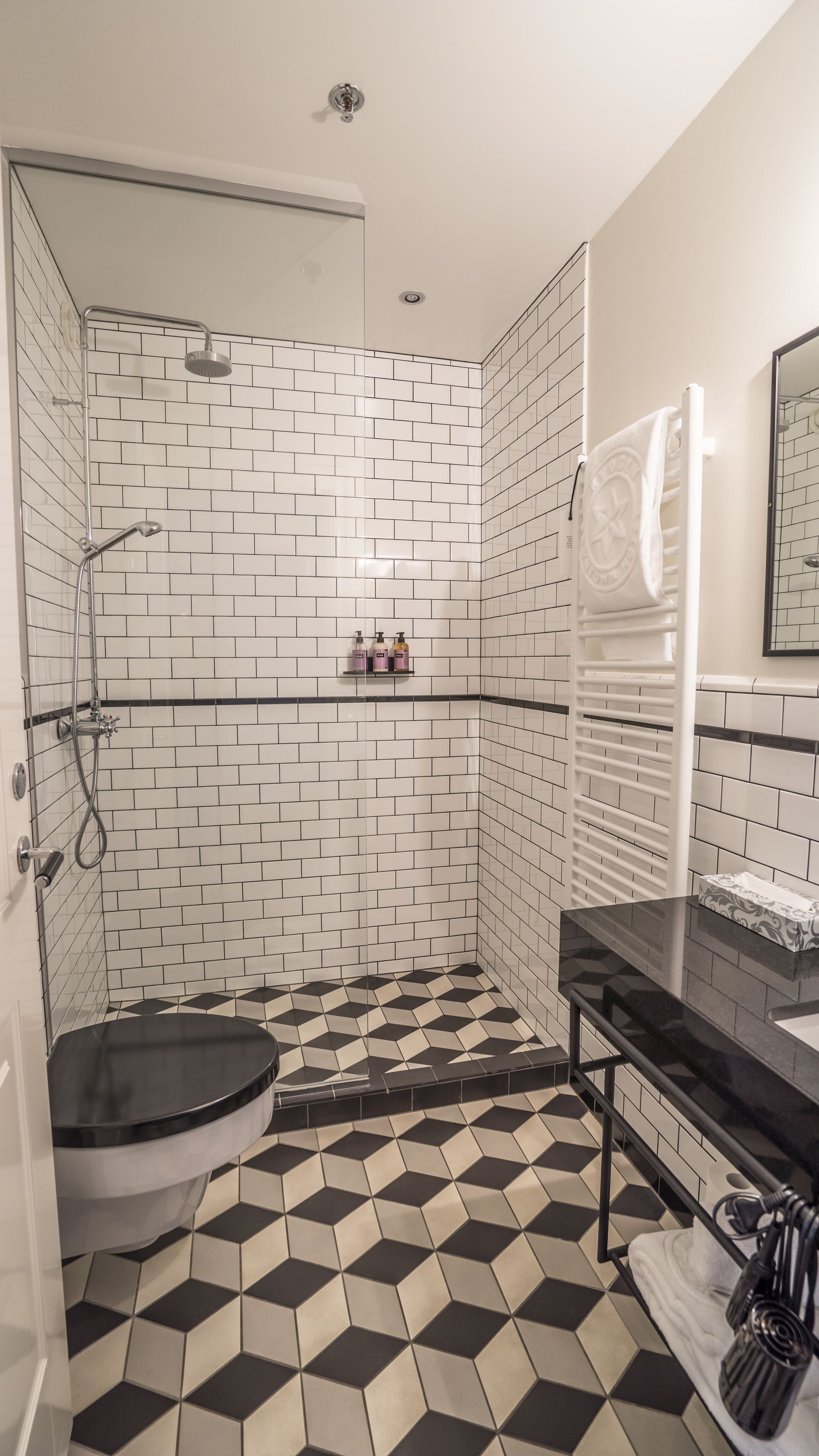 big room with kitchenette | bathroom | shower, rainfall showerhead, designer toiletries, hair dryer