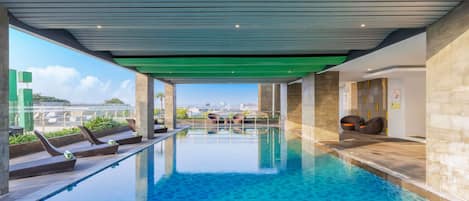 Indoor pool, open 9:00 AM to 5:00 PM, sun loungers