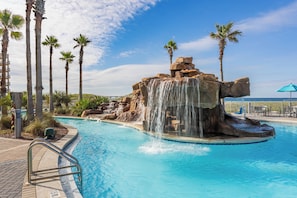 Indoor pool, outdoor pool, pool umbrellas, sun loungers