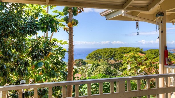 A covered outdoor area with a view of the ocean and lush greenery. - Kona Hawaii Guesthouse (Kailua-Kona)
