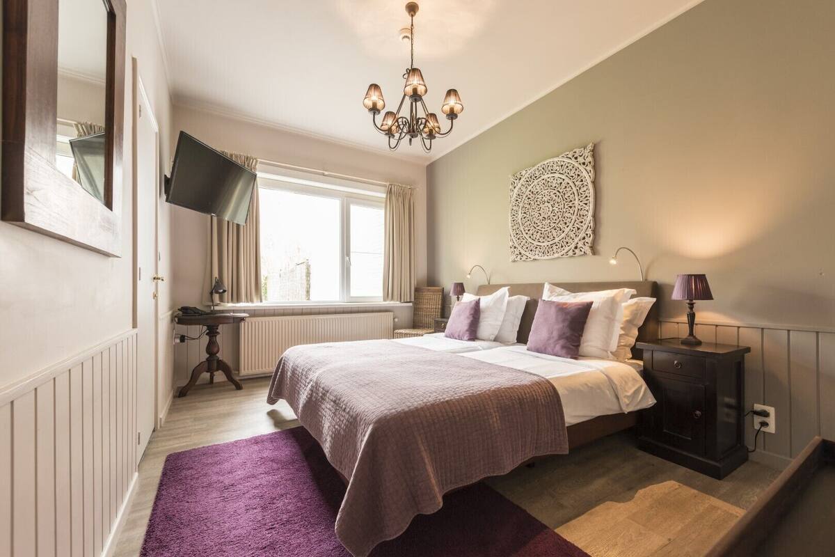 A bedroom with a bed, a flat-screen TV, a chandelier, a window with curtains, a radiator, and a decorative wall piece.