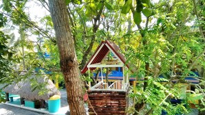 A wooden birdhouse hanging from a tree, surrounded by lush greenery and a building with a blue roof in the background. - Posada Real (Rincón de Guayabitos)