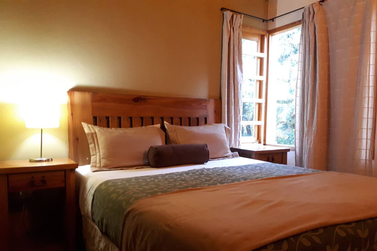 A neatly made bed with a wooden headboard, a bedside table with a lamp, and a window with curtains.