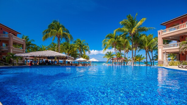 A large, clear blue pool with palm trees and resort buildings in the background. - Infinity Bay Spa & Beach Resort (Roatan)