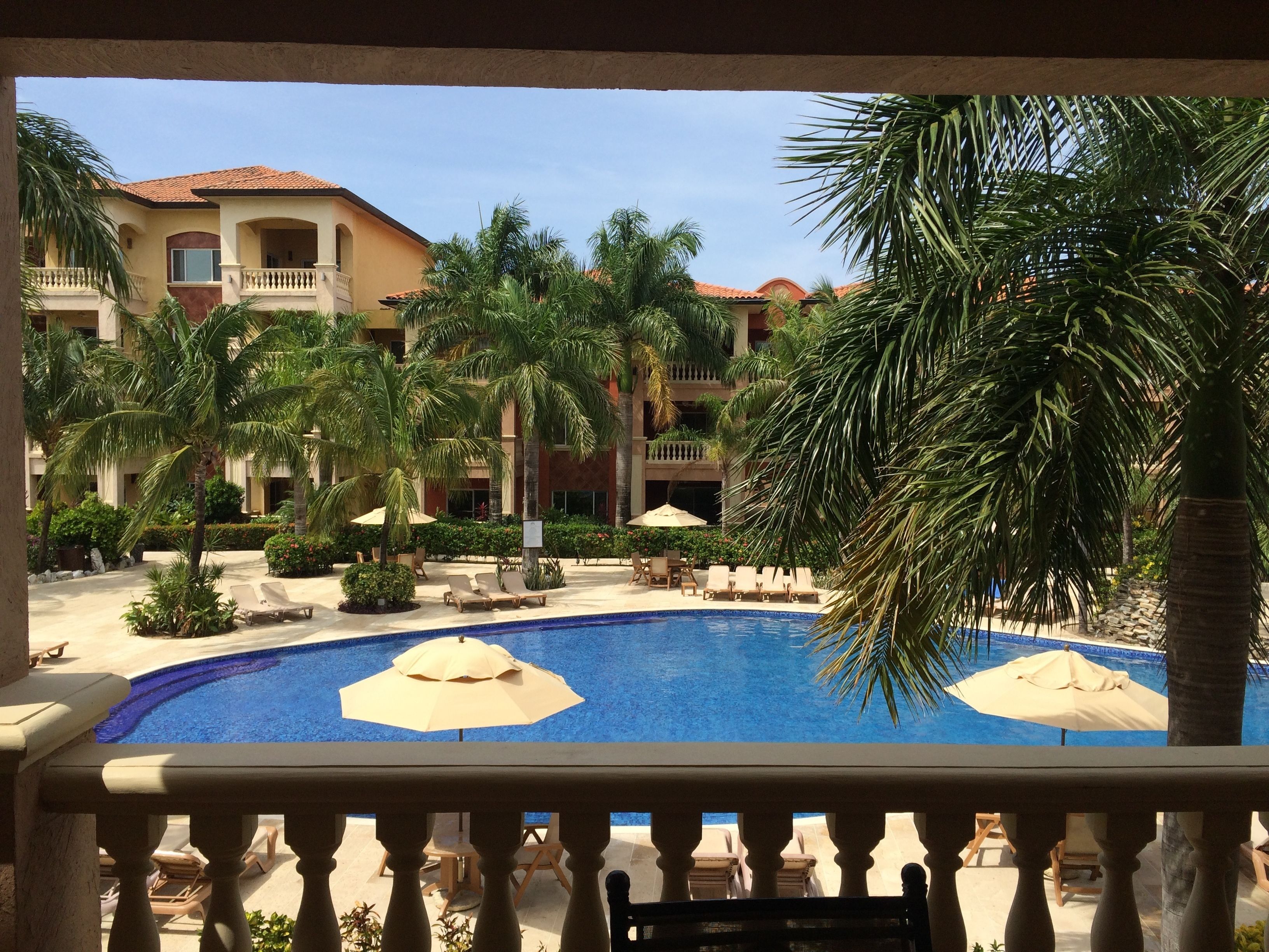 A resort pool area with lounge chairs and umbrellas, surrounded by palm trees and a multi-story building with balconies.