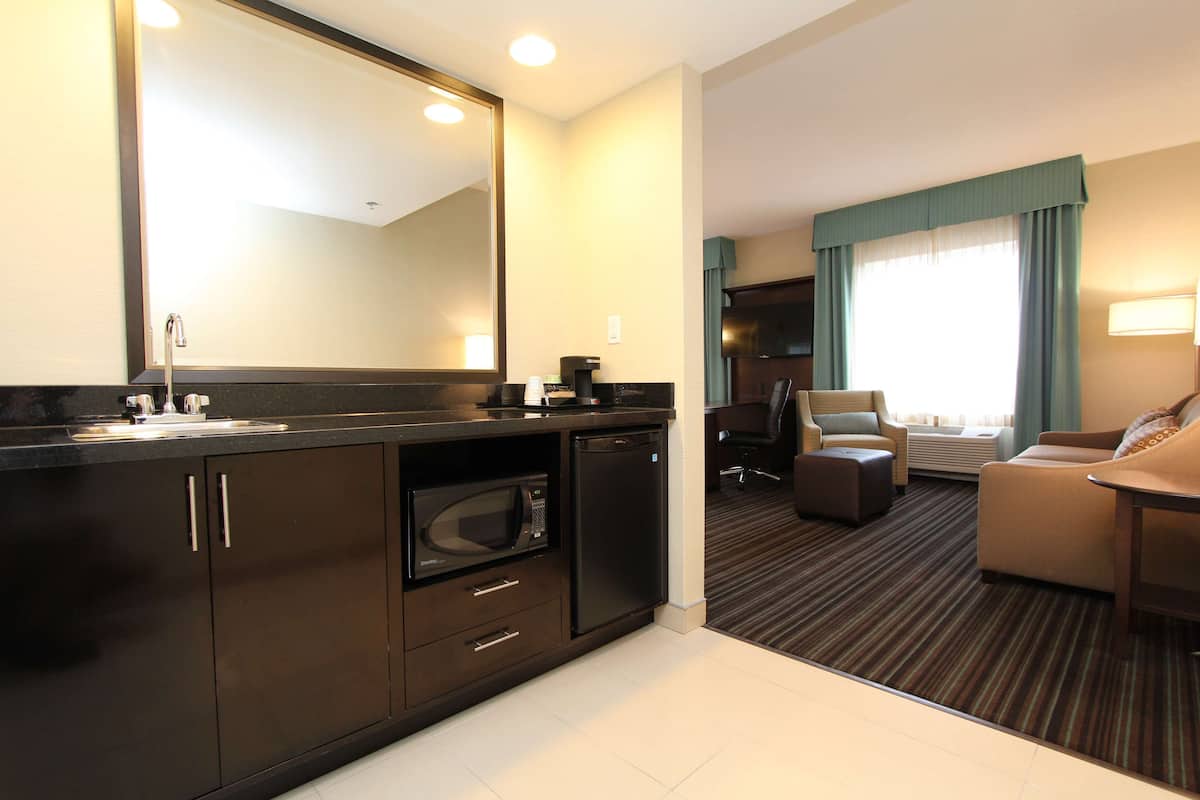 A hotel room with a kitchenette, a large mirror, a seating area with a sofa and armchair, and a view of the outdoors through a window.