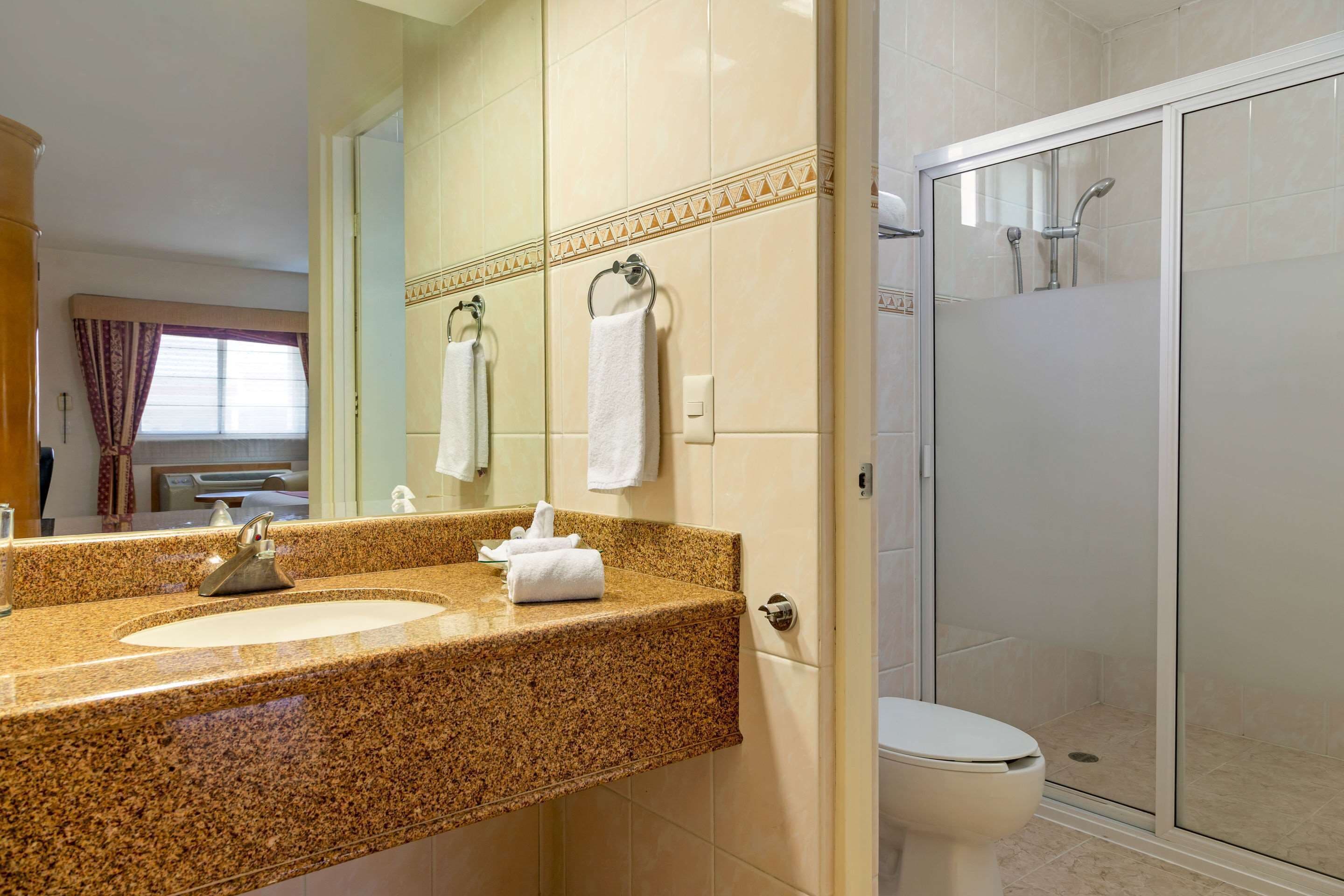 combined shower/bathtub, hair dryer, towels