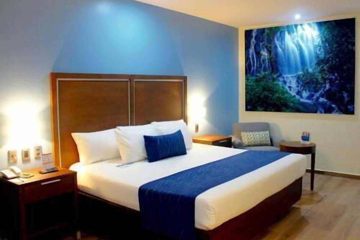Habitación de hotel con una cama grande, una mesita de noche, una silla, un cuadro de una cascada y suelo de madera.