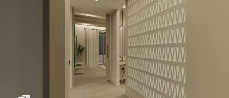 A hallway with a patterned wall, a plant, and a door leading to another room.