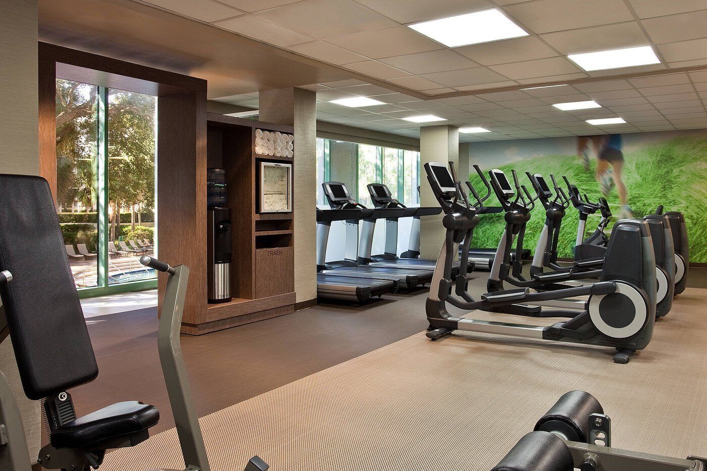 A gym with treadmills, elliptical machines, and a weight bench.
