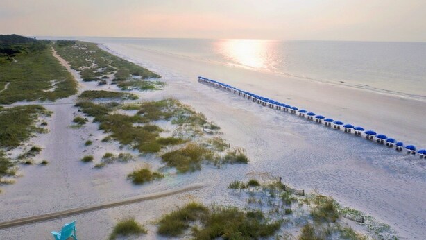 Een strand met een rij blauwe parasols en een pad dat naar het water leidt.
