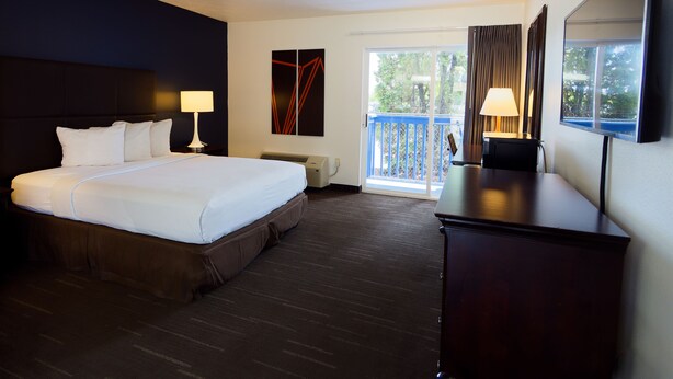 A hotel room with a large bed, a desk, a TV, a window with curtains, and a door leading to a balcony.