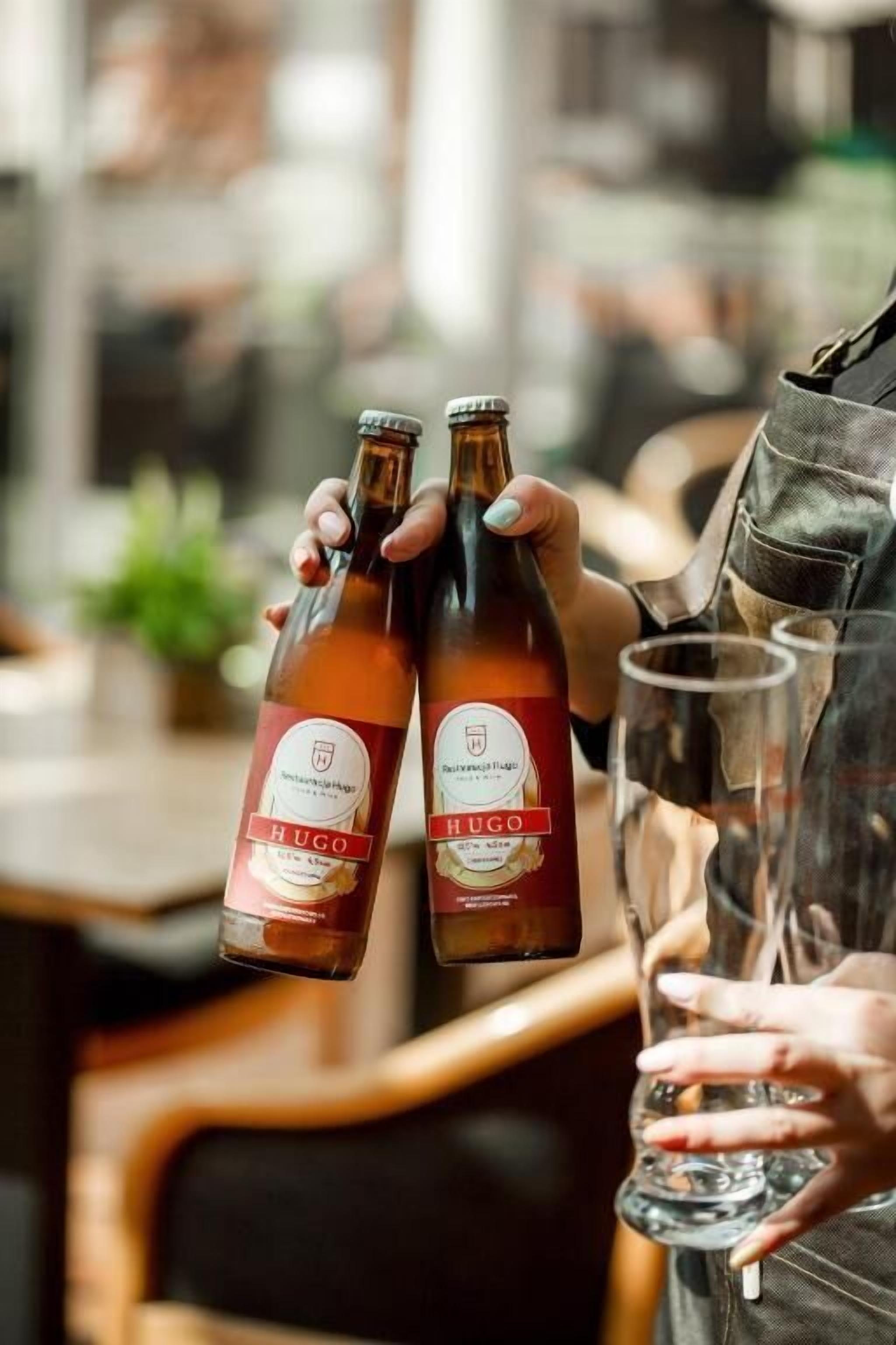 A person holding two bottles of Hugo beer and a glass.