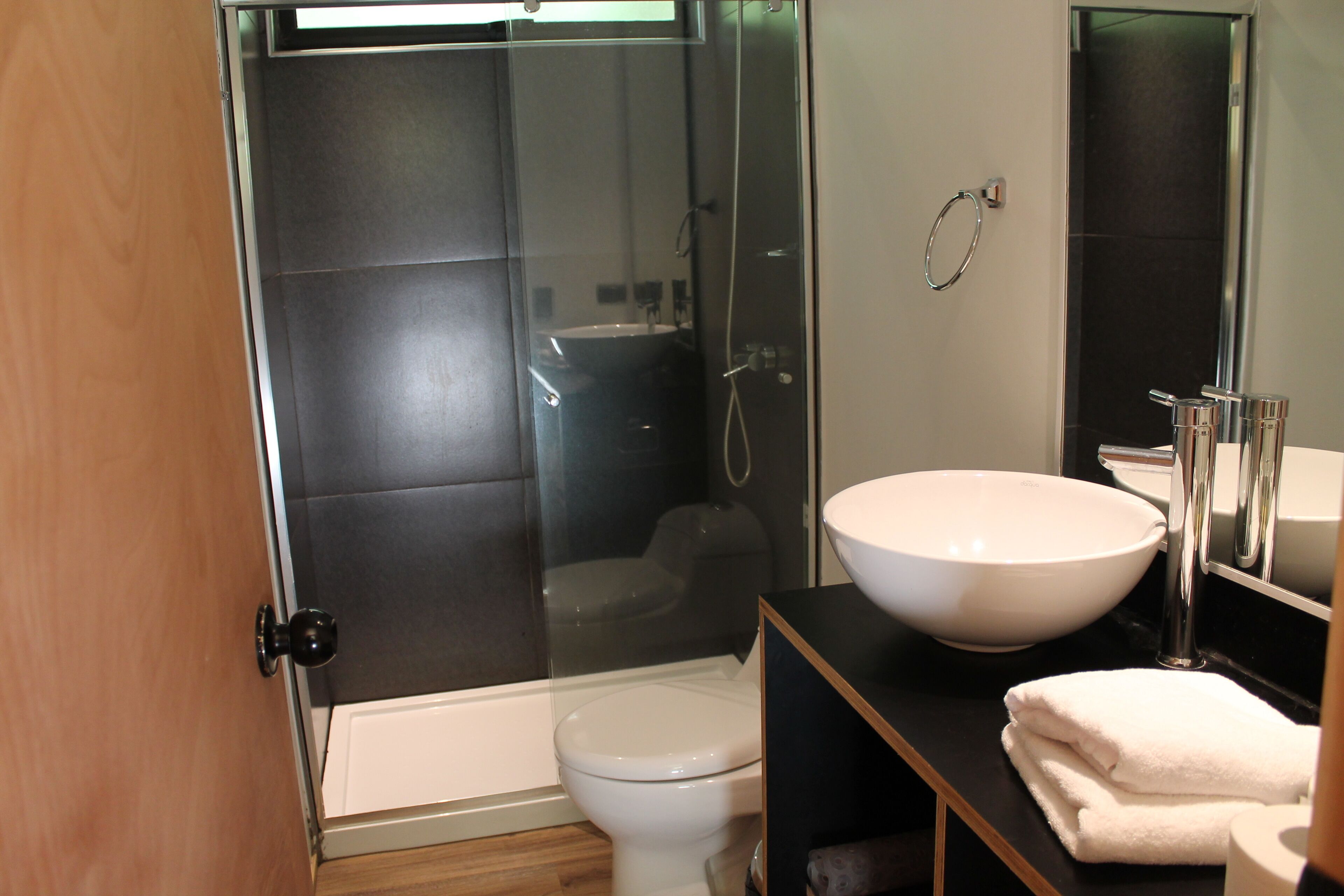Un baño moderno con ducha envuelta en vidrio, inodoro blanco, un lavamanos grande de color blanco y encimera negra.