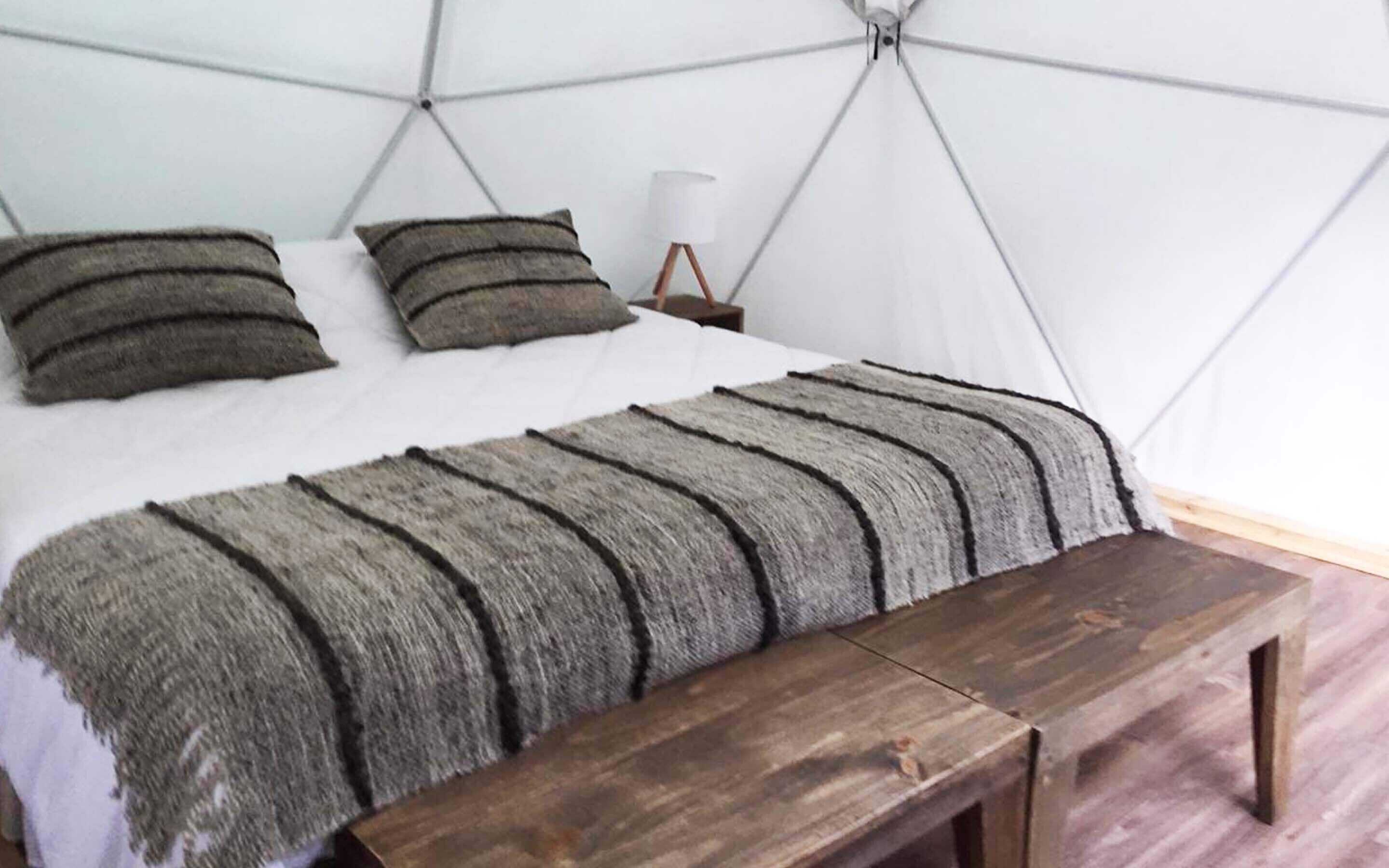 A bed with a grey blanket and pillows, a bedside table with a lamp, and a wooden bench.