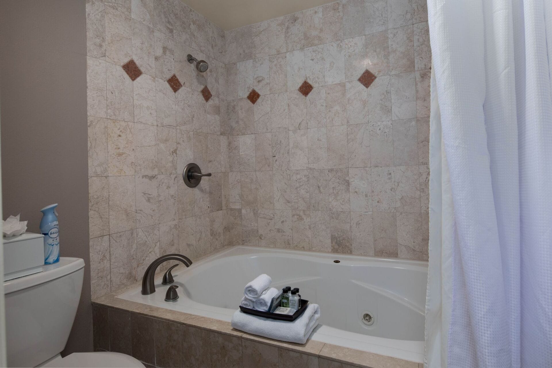 A bathroom with a bathtub, shower, and toilet.
