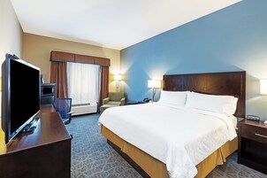 Habitación de hotel con una cama grande, televisor, escritorio y una silla.