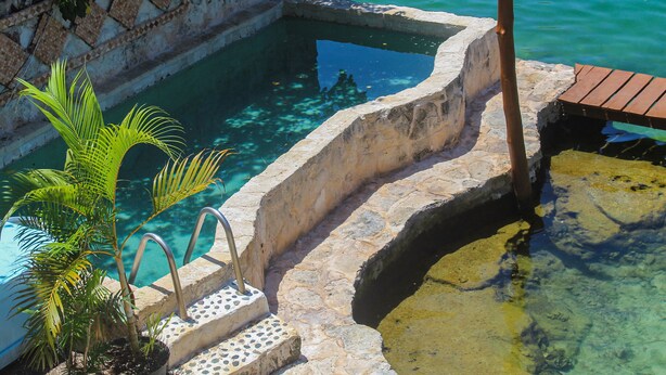 A stone pool with clear water, a palm tree, and a wooden deck. - Chez Waffle Hotel  (Puerto Aventuras)