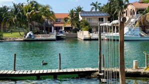 A marina with boats docked, a wooden dock, and a building with a red roof. - Chez Waffle Hotel  (Puerto Aventuras)