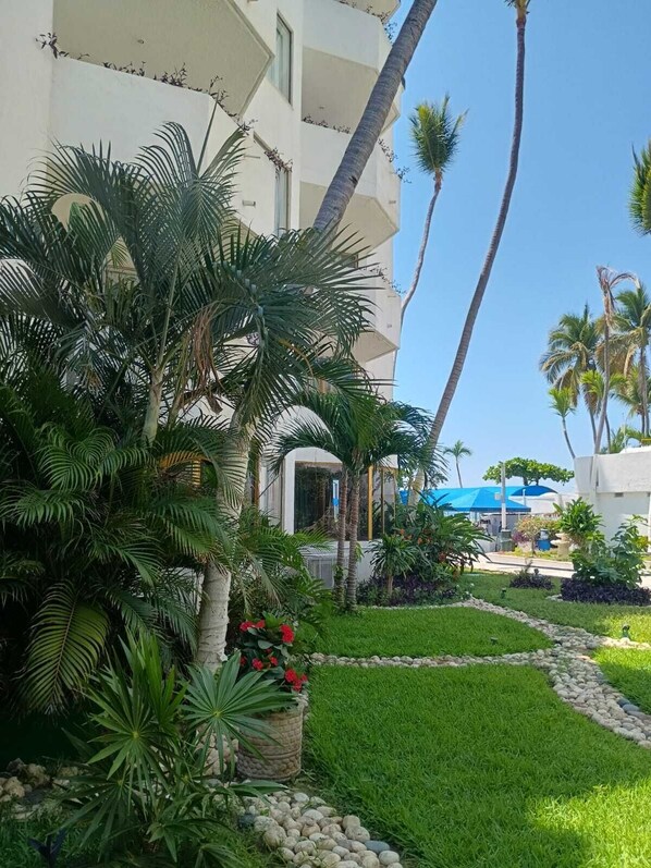 A well-maintained garden with palm trees, a pathway, and a building with a white facade.