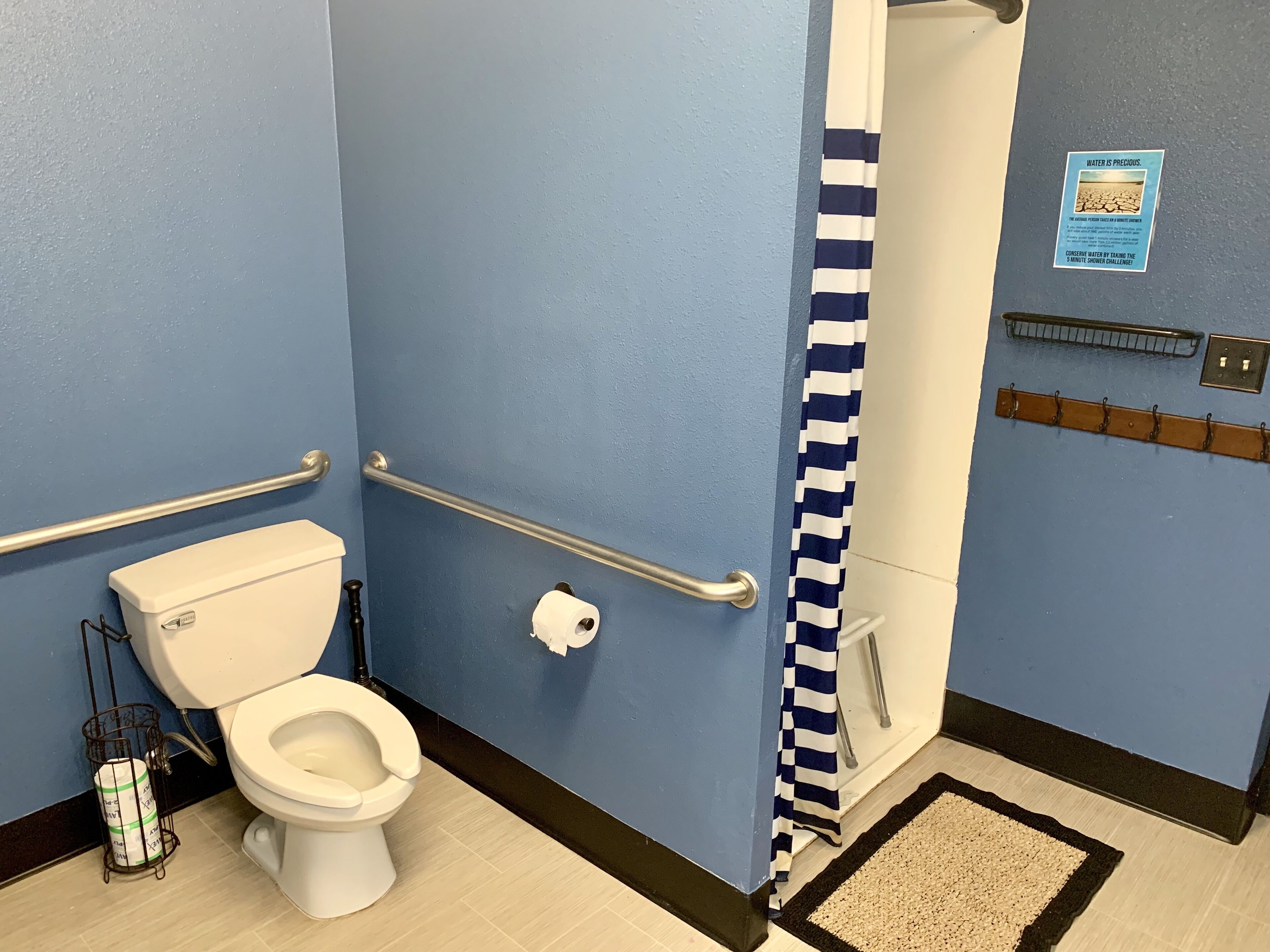 Ein Badezimmer mit Toilette, Haltegriff, Duschvorhang und Fußmatte.