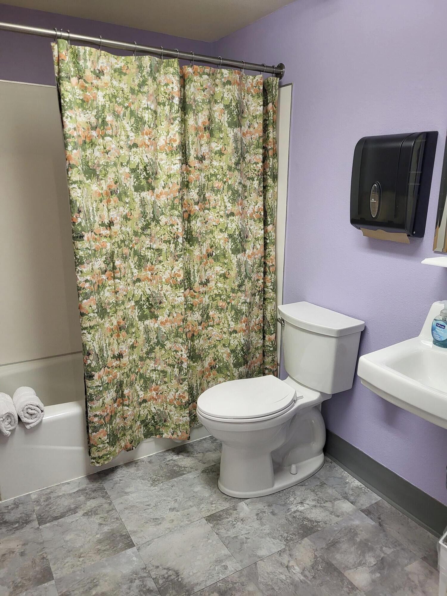 A bathroom with a floral shower curtain, a toilet, a sink, and a shower.