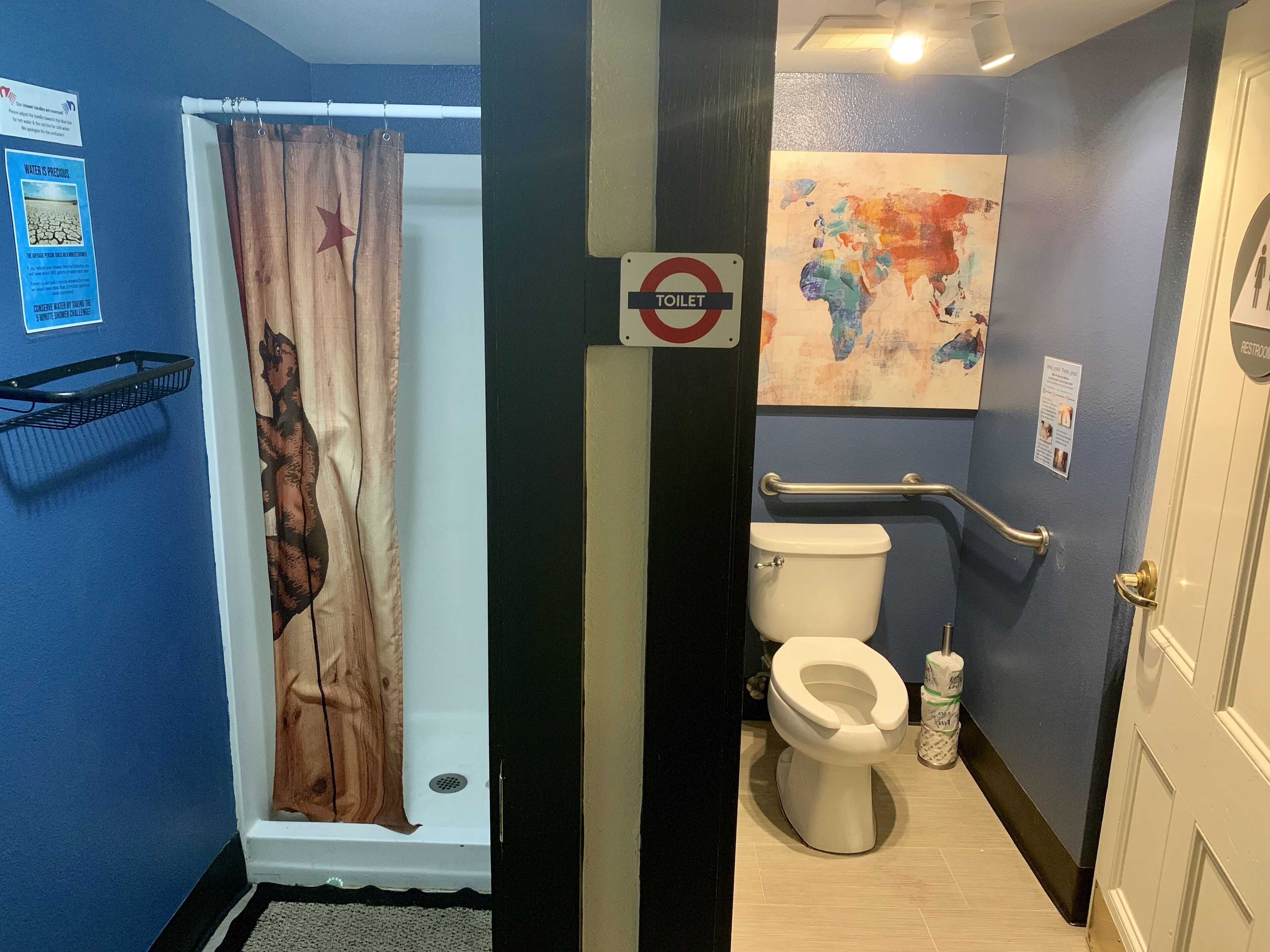 A bathroom with a shower curtain featuring a wolf design, a toilet, a handrail, and a world map on the wall.