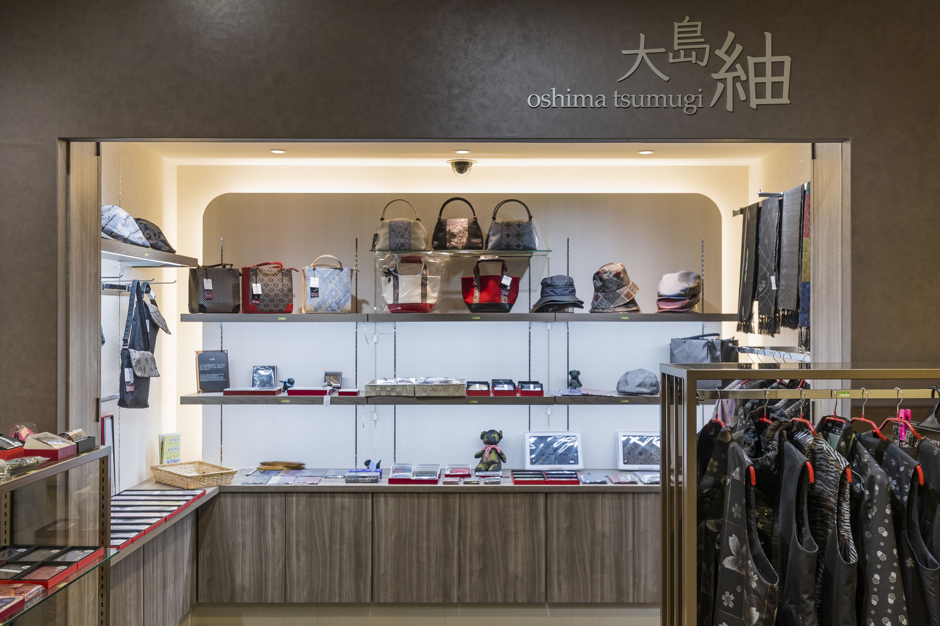 A store interior with shelves displaying handbags, a counter with various items, and clothing racks.